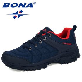 BONA 2022 New Designers Popular Hiking Shoes Man Nubuck Leather Mesh Outdoor Men Sneakers Climbing Shoes Men Sport Shoes Trendy - Deep blue red - 10.5