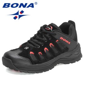 BONA 2022 New Designers Hiking Shoes Outdoor Sneakers Men Travel Shoes Non-slip Breathable Sports Shoes Man Work Shoe Mansculino - Black red - 8.5