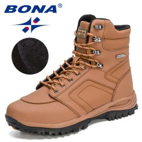 BONA 2022 New DesignersAction Leather Winter Ankle Boots Men Tactical Plush Anti-Skidding Classical Footwear Man Hiking Boots - Light brown black - 9