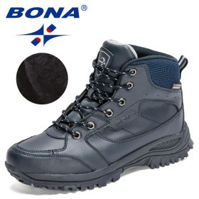 BONA 2022 New Designers Casual Winter Outdoor Snow Shoes Men Fashion Action Leather Plush Warm Boots Man High Top Hiking Shoes - Deep blue S gray - 9