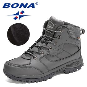 BONA 2022 New Designers Casual Winter Outdoor Snow Shoes Men Fashion Action Leather Plush Warm Boots Man High Top Hiking Shoes - Dark grey S gray - 8