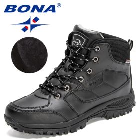 BONA 2022 New Designers Casual Winter Outdoor Snow Shoes Men Fashion Action Leather Plush Warm Boots Man High Top Hiking Shoes - Black silver gray - 8