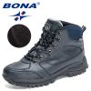 BONA 2022 New Designers Casual Winter Outdoor Snow Shoes Men Fashion Action Leather Plush Warm Boots Man High Top Hiking Shoes - Deep blue S gray - 10