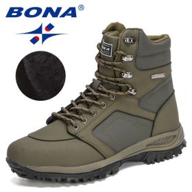 BONA 2022 New DesignersAction Leather Winter Ankle Boots Men Tactical Plush Anti-Skidding Classical Footwear Man Hiking Boots - Army green S gray - 8