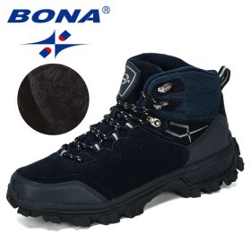 BONA New Designers Genuine Leather Hiking Shoes Winter Sneakers Men Mountain Man Tactical Hunting Footwear Plush Warm Shoes - Deep blue S gray - 8