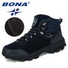 BONA New Designers Genuine Leather Hiking Shoes Winter Sneakers Men Mountain Man Tactical Hunting Footwear Plush Warm Shoes - Deep blue S gray - 10.5