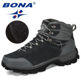 BONA New Designers Genuine Leather Hiking Shoes Winter Sneakers Men Mountain Man Tactical Hunting Footwear Plush Warm Shoes - Dark grey S gray - 10