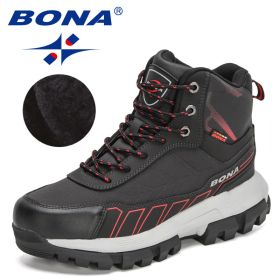 BONA 2022 New Designers Action Leather Winter Brand Snow Boots Men Super Warm Ankle Boots Man Plush Hiking Soft Boots Mansculino - Black red - 10