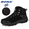 BONA New Designers Genuine Leather Hiking Shoes Winter Sneakers Men Mountain Man Tactical Hunting Footwear Plush Warm Shoes - Black silver gray - 9