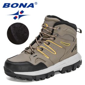 BONA 2022 New Designers Action Leather Brand Winter Warm Snow Boots Men Plush High Quality Hiking Boots Man Outdoor Footwear - Medium gray black - 8.5