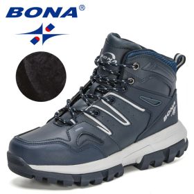 BONA 2022 New Designers Action Leather Brand Winter Warm Snow Boots Men Plush High Quality Hiking Boots Man Outdoor Footwear - Deep blue S gray - 10.5