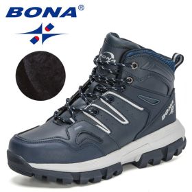 BONA 2022 New Designers Action Leather Brand Winter Warm Snow Boots Men Plush High Quality Hiking Boots Man Outdoor Footwear - Deep blue S gray - 10