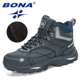 BONA 2022 New Designers Nubuck Hiking Boots Men Winter Shoes Walking Climbing Mountain Sport Boots Man Plush Warm Snow Footwear - Deep blue S gray - 9