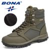 BONA 2022 New DesignersAction Leather Winter Ankle Boots Men Tactical Plush Anti-Skidding Classical Footwear Man Hiking Boots - Army green S gray - 10