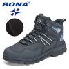 BONA 2022 New Designers Action Leather Plush Hiking Boots High Top Walking Shoes Men Work Mountain Sport Ankle Boots Mansculino - Deep blue S gray - 9