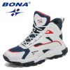 BONA 2022 New Designers Outdoor Mountain Desert Climbing Shoes Men Ankle Hiking Boots Man High Top Winter Boots Mansculino Comfy - White deep blue - 8