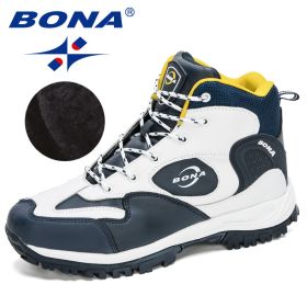 BONA 2022 New Arrival Action Leather Hiking Shoes Men Trekking Sneakers Mountain Plush Snow Boots Man Anti-Slippery Footwear - White D blue yellow - 8