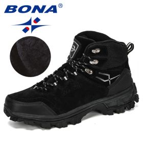 BONA New Designers Genuine Leather Hiking Shoes Winter Sneakers Men Mountain Man Tactical Hunting Footwear Plush Warm Shoes - Black silver gray - 9.5