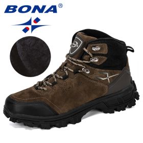 BONA New Designers Genuine Leather Hiking Shoes Winter Sneakers Men Mountain Man Tactical Hunting Footwear Plush Warm Shoes - Brown - 8