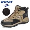 BONA 2022 New Arrival Action Leather Hiking Shoes Men Trekking Sneakers Mountain Plush Snow Boots Man Anti-Slippery Footwear - Medium grey black - 10