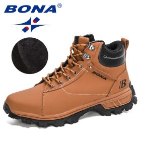 BONA 2022 NewDesigners Nubuck Sports Tactical Boots Men Hiking Mountain Shoes High Top Plush Tactical Footwear Masculino Comfy - Light brown black - 9