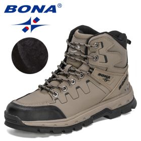 BONA 2022 New Designers Action Leather Hiking Shoes Men Winter Trekking Ankle Boots Man Top Quality Fashion Plush Boots Male - Medium grey black - 10