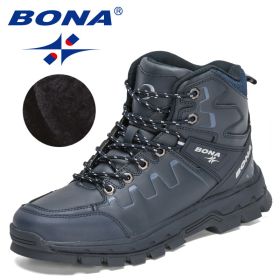 BONA 2022 New Designers Action Leather Hiking Shoes Men Winter Trekking Ankle Boots Man Top Quality Fashion Plush Boots Male - Deep blue S gray - 9.5