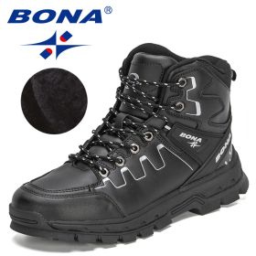 BONA 2022 New Designers Action Leather Hiking Shoes Men Winter Trekking Ankle Boots Man Top Quality Fashion Plush Boots Male - Black silver gray - 10