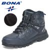 BONA 2022 New Designers Action Leather Hiking Shoes Men Winter Trekking Ankle Boots Man Top Quality Fashion Plush Boots Male - Deep blue S gray - 8.5