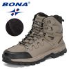 BONA 2022 New Designers Action Leather Hiking Shoes Men Winter Trekking Ankle Boots Man Top Quality Fashion Plush Boots Male - Medium grey black - 9