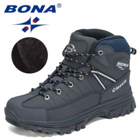 BONA 2022 New Designers Classics Winter Snow Boots Men Action Leather Super Warm Ankle Boots Man Hiking Boots Plush Shoes Male - Deep blue S gray - 10