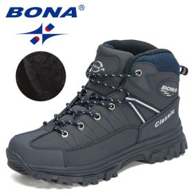 BONA 2022 New Designers Classics Winter Snow Boots Men Action Leather Super Warm Ankle Boots Man Hiking Boots Plush Shoes Male - Deep blue S gray - 9