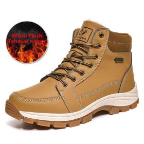 Brand Winter Leather Men Boots Plush Warm Men Snow Boots Outdoor Non-slip Hiking Boots Men Winter Shoes Men Sneakers Size 39-48 - Plush Yellow - 8.5