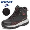 BONA 2022 New Designers Action Leather Winter Brand Snow Boots Men Super Warm Ankle Boots Man Plush Hiking Soft Boots Mansculino - Black red - 8.5