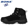 BONA New Designers Genuine Leather Hiking Shoes Winter Sneakers Men Mountain Man Tactical Hunting Footwear Plush Warm Shoes - Deep blue S gray - 10.5