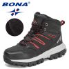 BONA 2022 New Designers Action Leather Brand Winter Warm Snow Boots Men Plush High Quality Hiking Boots Man Outdoor Footwear - Charcoal grey red - 8