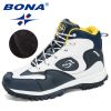 BONA 2022 New Arrival Action Leather Hiking Shoes Men Trekking Sneakers Mountain Plush Snow Boots Man Anti-Slippery Footwear - White D blue yellow - 9