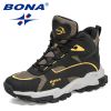 BONA 2022 New Designers Outdoor Mountain Desert Climbing Shoes Men Ankle Hiking Boots Man High Top Winter Boots Mansculino Comfy - White deep blue - 8