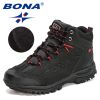 BONA 2022 New Designers Popular Hiking Boots Men Snow Warm Sneakers Man Padded Trekking Winter Action Leather High Top Footwear - Deep blue S gray - 9